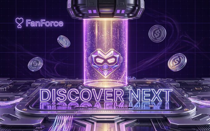 A digital promotional graphic for 'FanForce' featuring a glowing purple chamber, the text 'DISCOVER NEXT', and a central geometric mask emblem.