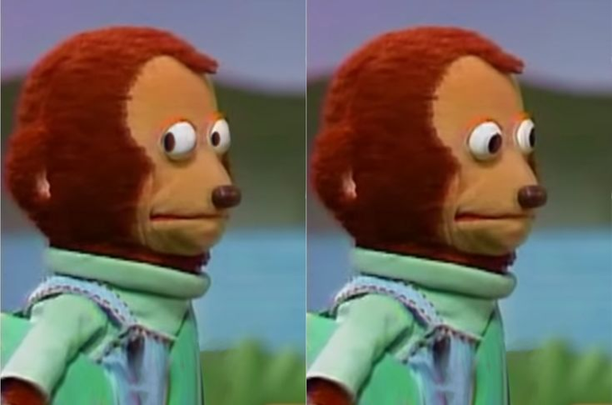 A side-by-side comparison of two identical images showing a puppet with red fur and a green shirt staring wide-eyed at something off-camera. The meme uses the puppet's shocked, side-glancing expression to humorously portray employees supposedly trying to act casual after allegedly using insider information about a company listing.