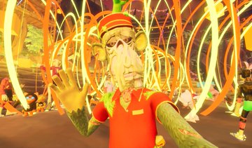 A surreal, psychedelic scene featuring an old man character in a red uniform reaching toward the camera, surrounded by glowing orange and yellow light streaks and other figures.