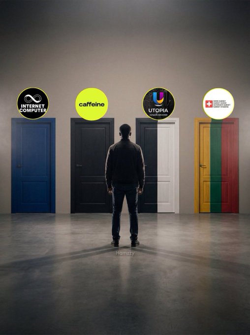 A man stands facing four colored doors labeled with circular logos: 'INTERNET COMPUTER', 'caffeine', 'UTOPIA', and a Swiss cross design, representing a choice between options.
