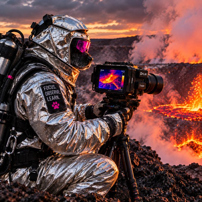 A person in a silver heat-resistant suit with 'FOCUS. OBSERVE. LEARN.' text on the sleeve, filming a volcanic eruption with a camera on a tripod.