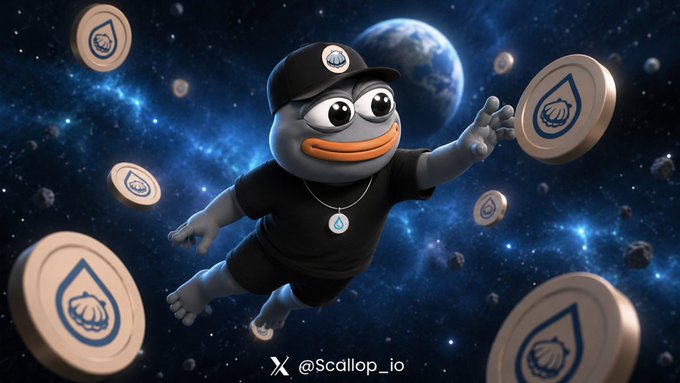 A 3D-rendered cartoon frog character wearing a black cap and shirt floats in space surrounded by coins with a scallop logo, with the text 'X @Scallop_io' at the bottom.