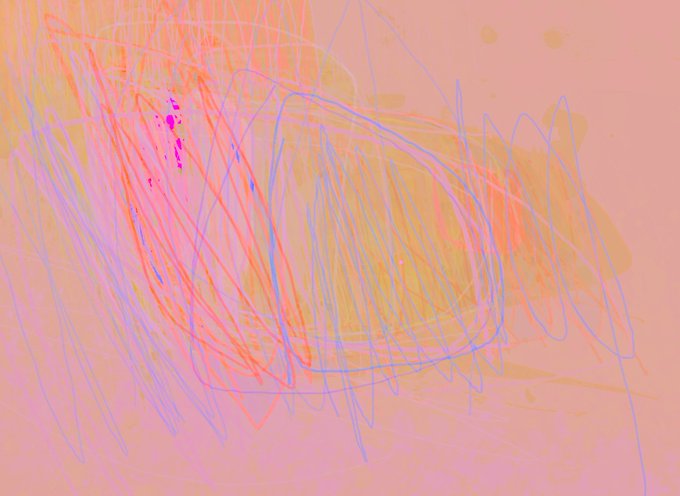 An abstract composition of pink, orange, and light blue scribbled lines creates a chaotic, colorful pattern.