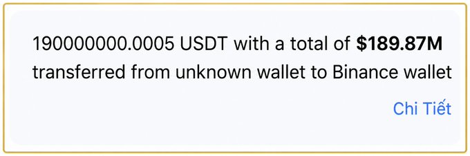 A notification or transaction record indicating '190000000.0005 USDT with a total of $189.87M transferred from unknown wallet to Binance wallet' with a 'Chi Tiết' link.