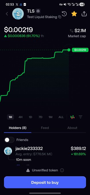 A mobile screenshot of a crypto tracking app showing 'TLS' (Test Liquid Staking) priced at $0.00219 with a 61.70% increase and a $2.1M market cap, with a 'Deposit to buy' button.