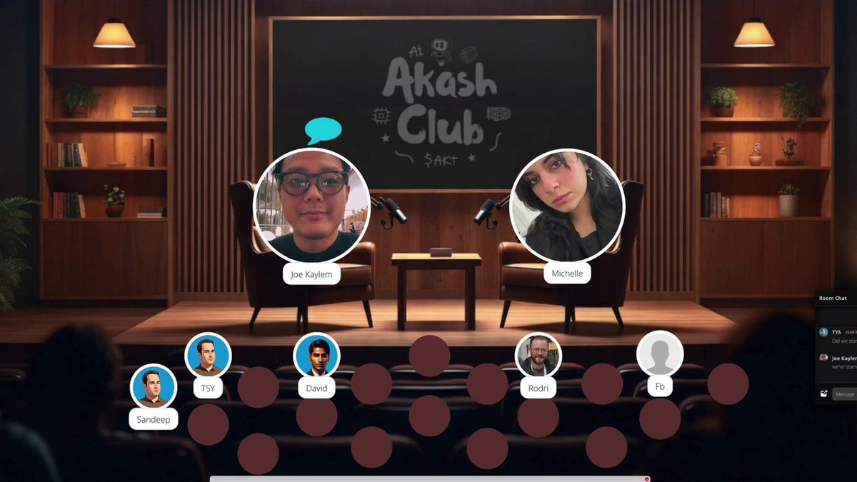 The image shows a presentation screen for an online chat room where two people are sitting at a table with microphones, likely participating in a webinar or panel discussion. The background features a large blackboard displaying the text "AKASH CLUB" along with some circles and lines representing other participants. The image also includes a caption that reads: "Razer is pitching their Blade 18 as your local AI stack. In our latest podcast, we broke down how meaningful it would be if Razer systems could take part in @akashnet HomeNode, with hardware like this earning $AKT when you're not using it."