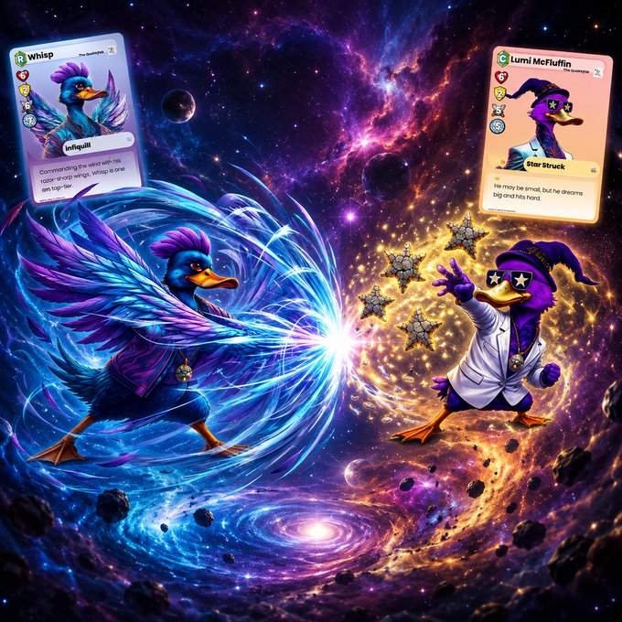 A vibrant digital artwork depicting a cosmic battle between two duck-like trading card characters: 'Whisp' on the left wielding blue energy wings, and 'Lumi McFluffin' (Star Bruck) on the right wielding star projectiles, set against a galaxy backdrop.