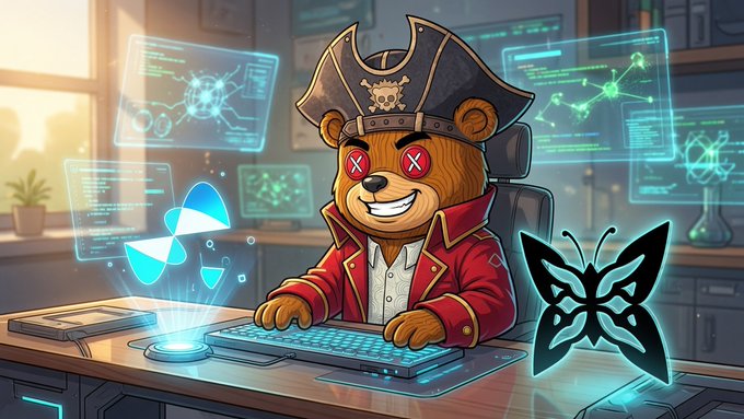 A cartoon pirate bear character in a tricorn hat with X eyes, wearing a red coat and sitting at a glowing computer desk surrounded by holographic screens and a radiation symbol.