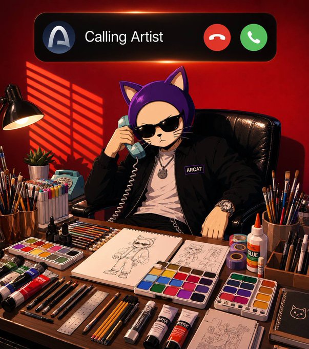 An anthropomorphic cat character with purple hair, sunglasses, and a black jacket labeled "ARCAT" sits at an art desk, holding a telephone to its ear beneath a "Calling Artist" call notification with red and green buttons. The desk is cluttered with watercolor palettes, paintbrushes, markers, glue, sketchbooks with character drawings, and art supplies, all set against a red background with dramatic lighting. The image visually promotes the ARCAT meme/art contest on the Arc chain, using the "calling artists" phone theme to invite creative submissions for the $500 prize pool split among 10 winners.