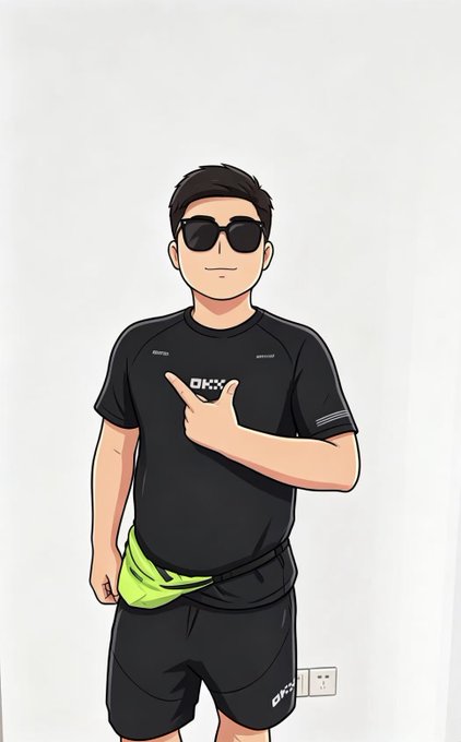 A cartoon-style illustration of a man wearing sunglasses, a black t-shirt with 'OKX' branding, and a neon yellow waist bag, pointing at the logo.