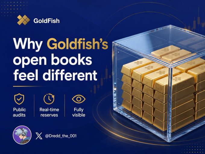 Goldfish promotional image with the headline 'Why Goldfish's open books feel different,' highlighting 'Public audits,' 'Real-time reserves,' and 'Fully visible,' along with an X handle '@Dredd_the_001'.