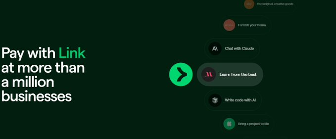 A dark-themed advertisement with the text 'Pay with Link at more than a million businesses' on the left, and a list of AI-powered app features on the right, including 'Chat with Claude' and 'Learn from the best'.