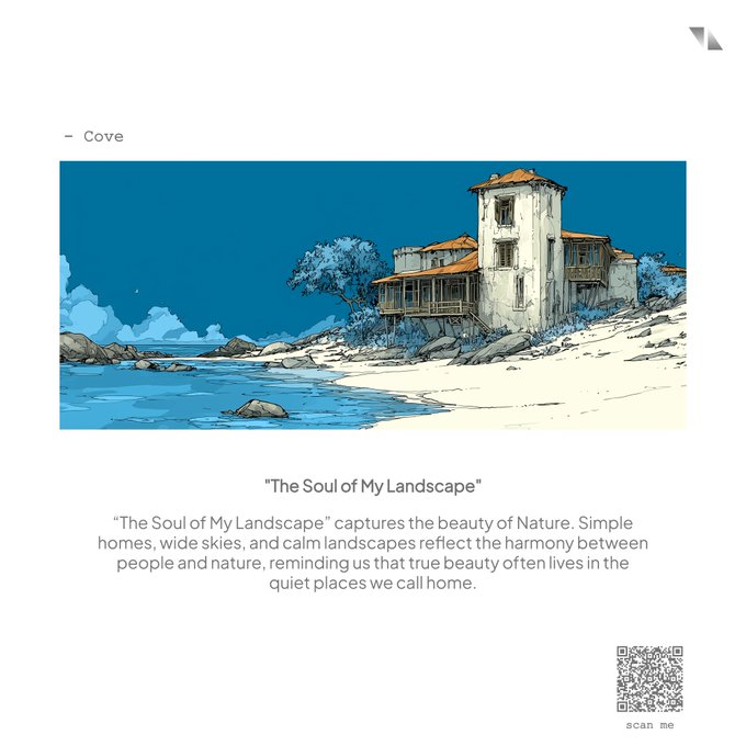 A page titled "Cove" featuring an illustration of a coastal house with the caption "The Soul of My Landscape" and a QR code labeled "scan me".