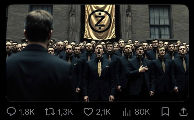 A scene resembling a large group of identical bald men in suits chanting in unison in front of a golden banner with a 'Z' symbol, displayed as a social media post with engagement metrics.