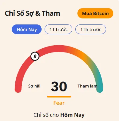 A Bitcoin Fear & Greed Index gauge showing a score of 30 ('Fear') with options for 'Hôm Nay' (Today), '1T trước' (1 month ago), and '1Th trước' (1 year ago), labeled 'Chỉ Số Sợ & Tham'.
