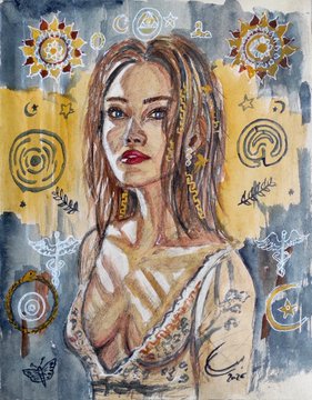 A painted portrait of a young woman with brown hair and red lips against a yellow and gray background adorned with mystical symbols, moons, and stars.