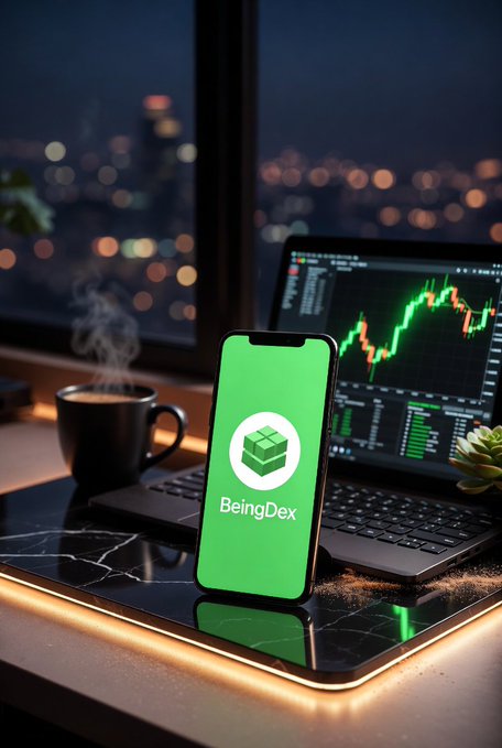 A smartphone displaying the 'BeingDex' logo with a green cube icon on its screen, sitting on a desk next to a laptop showing a green and red candlestick trading chart, with a cityscape visible in the background.