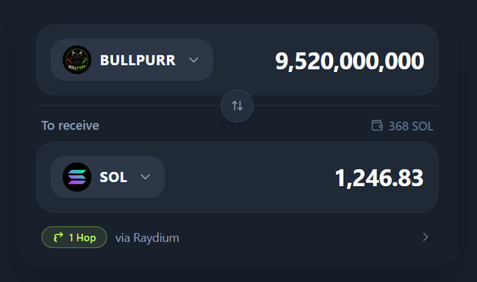 A crypto swap interface shows 9,520,000,000 BULLPURR being exchanged for 1,246.83 SOL (approximately 368 SOL equivalent), routed via Raydium with 1 hop. The image illustrates the large BULLPURR token quantity referenced in the airdrop post, suggesting holders can swap their tokens for SOL.