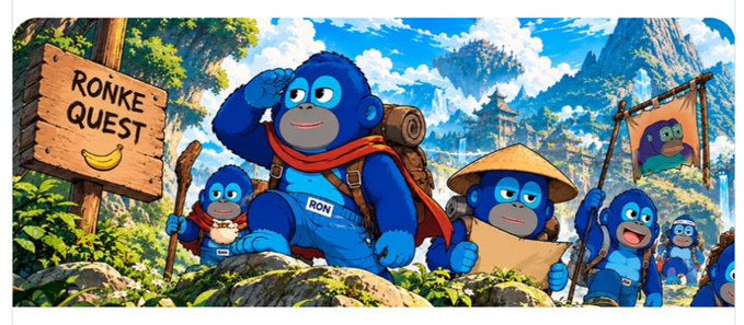 An illustrated banner features cartoon blue gorillas in a mountainous landscape, with a wooden sign reading 'RONKE QUEST' next to a banana drawing; one prominent gorilla wears a name tag labeled 'RON'.