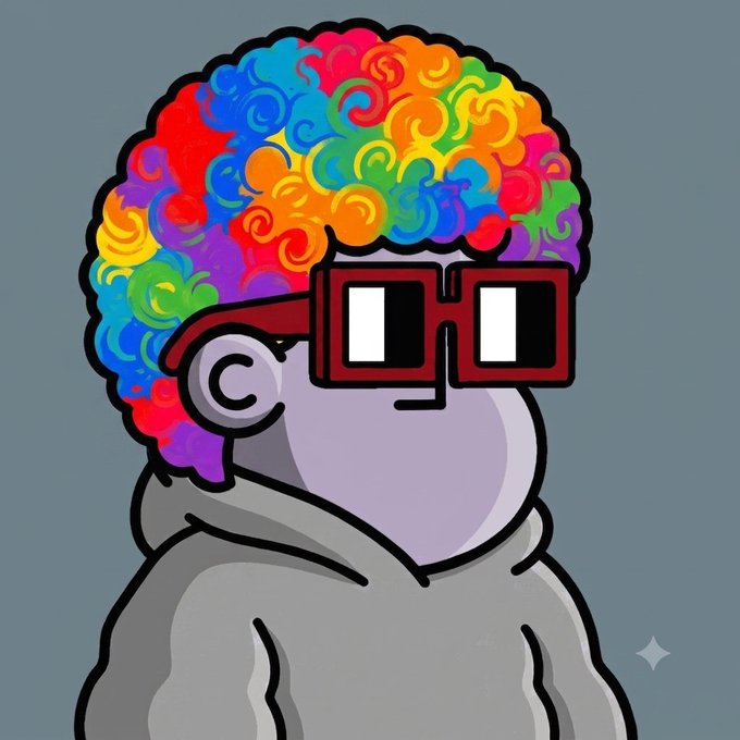 A cartoon illustration of a gray character wearing a rainbow-colored afro wig and red-framed pixelated sunglasses, set against a plain gray background.