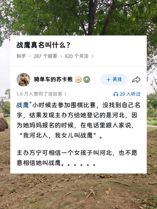 A screenshot from Zhihu (知乎) with the question '战鹰真名叫什么？' (What is Zhan Ying's real name?) and an answer explaining that a girl named Hebe (The) was mistakenly registered as "Hebe" due to her mother's phone accent, with the title '骑车车的苏卡熊'.