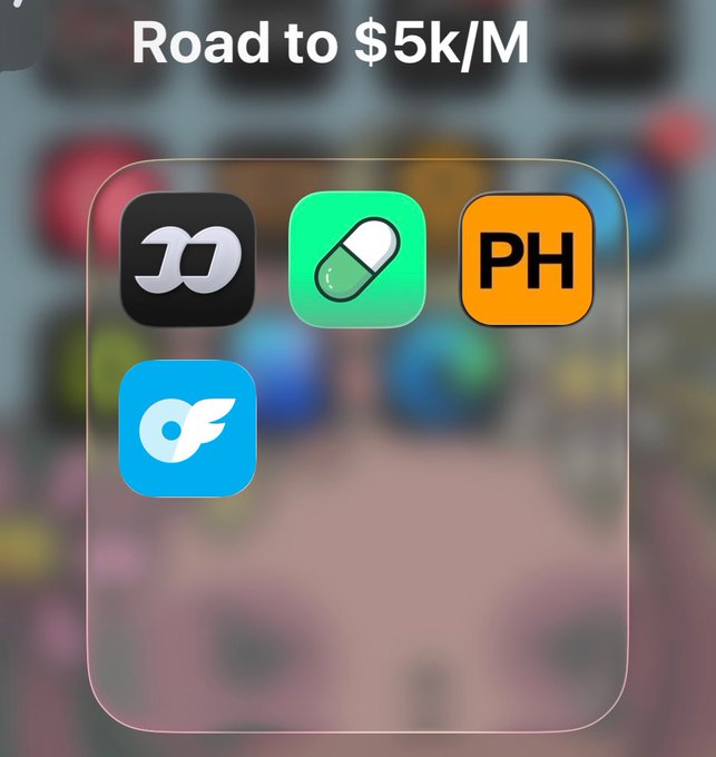 A graphic titled 'Road to $5k/M' displaying four app icons including Dash, a pill icon, 'PH', and a blue winged logo over a blurred background.