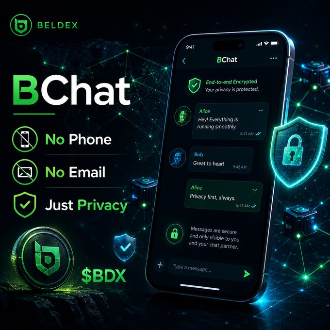 The image is a promotional graphic for Beldex's BChat, featuring a chat interface displaying end-to-end encrypted messages between users "Alice" and "Bob," alongside key selling points highlighted as "No Phone," "No Email," and "Just Privacy," with the $BDX token and a shield/padlock icon emphasizing security. It visually reinforces the post's message about BChat's privacy-first approach requiring no personal information to use, contrasting with mainstream messengers that demand phone numbers and emails.