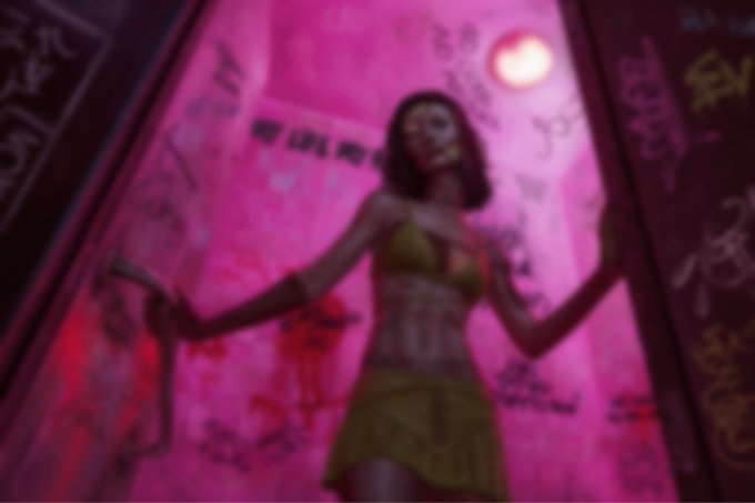 A blurry image of a woman in a yellow dress standing against a pink, graffiti-covered wall, with the lighting giving the scene a hazy, neon quality.