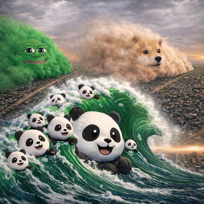 A surreal digital artwork depicts cartoonish pandas riding a green wave over a cityscape, while a giant Shiba Inu dog and a green Pepe-like cloud loom in the background under a cloudy sky.