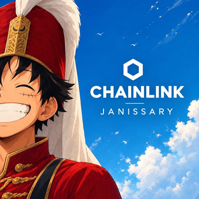 An anime-style illustration of a smiling character in a red uniform with a feathered hat, alongside the Chainlink logo and the text 'CHAINLINK JANISSARY' against a blue sky.