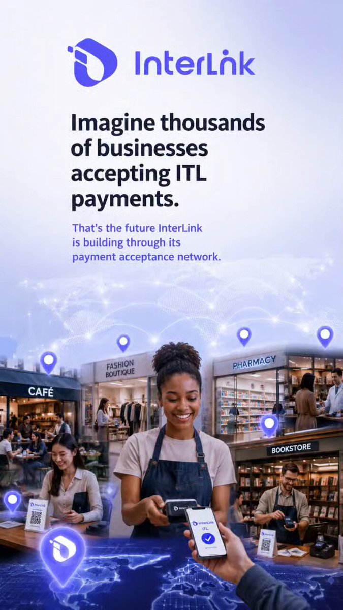The image features an advertisement for Interlink that showcases its technology platform. The main focus of the image is a woman using her phone, likely making a payment at a café or store. There are several other people visible in the background, suggesting a busy location where transactions take place regularly. The text on the image promotes the idea of a future where businesses accept ITL payments and emphasizes the convenience and efficiency that Interlink's technology can bring to everyday life.