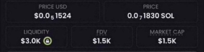 A cryptocurrency token information panel displaying a Price USD of $0.0...1524, Price of 0.0...1830 SOL, Liquidity of $3.0K, FDV of $1.5K, and Market Cap of $1.5K.