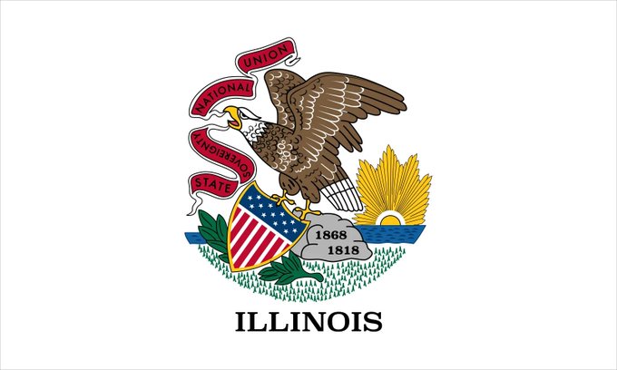 The image displays the Illinois state flag featuring a bald eagle perched on a rock inscribed with the dates "1868" and "1818," a shield with stars and stripes, a rising sun, and a banner reading "State Sovereignty, National Union," labeled "ILLINOIS" below.

The flag represents the state of Illinois, whose government is the subject of the post about new draft rules to tax all crypto transactions regardless of profit or loss beginning January 1, 2027.