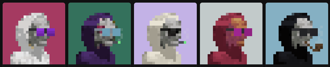 A pixel art lineup of five hooded figures with skull-like masks and glowing sunglasses, each set against different colored backgrounds (red, green, purple, gray, and blue).