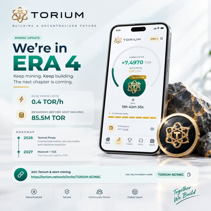 A promotional graphic for Torium announcing 'ERA 4' mining update with details like 0.4 TOR/h base rate and a roadmap for 2026-2027.