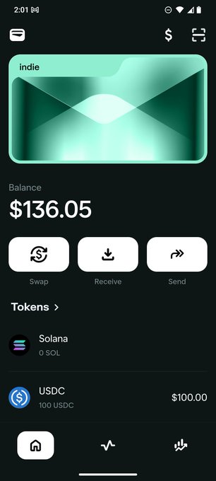 A screenshot of a mobile crypto wallet app showing a balance of '$136.05' with options for 'Swap', 'Receive', and 'Send', and listed tokens for Solana and USDC.