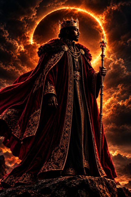 A fantasy illustration depicts a regal figure wearing a crown and flowing red robe, holding a staff while silhouetted against a fiery solar eclipse.