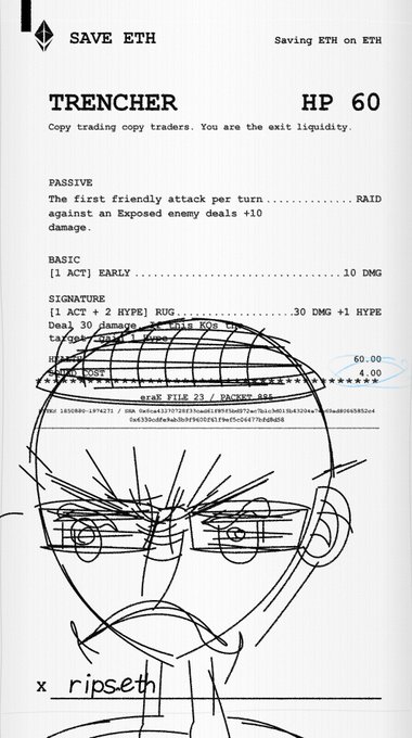 A trading card-style design titled 'SAVE ETH' and 'TRENCHER' with stats like HP 60 and 'Copy trading copy traders. You are the exit liquidity', overlaid with a sketchy drawn character face.
