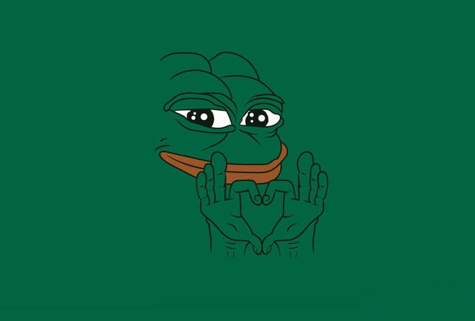 A Pepe the Frog meme drawing on a green background, with the character holding up its hands in a pose against a solid green backdrop.