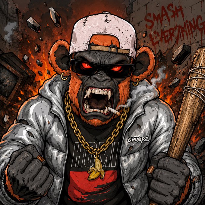 Aggressive cartoon illustration of an angry monkey wearing sunglasses, a backwards cap, gold chain, and gray hoodie, holding a baseball bat with 'SMASH EVERYTHING' graffiti in the background.