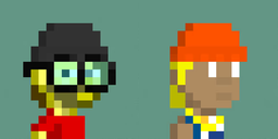 Two pixel-art characters appear against a muted green background—one with dark hair, glasses, and a red shirt on the left, and another with red hair and a blue tank top on the right. The image likely serves as a visual representation of an NFT trade recorded on Sweepr, with no readable text or numbers directly displayed in the artwork itself.