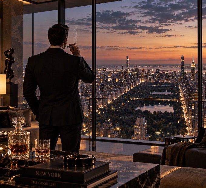 A man in a suit smokes a cigar while looking out the window of a luxurious high-rise penthouse overlooking the Manhattan skyline and Central Park at dusk, with a 'NEW YORK' book visible on the table.