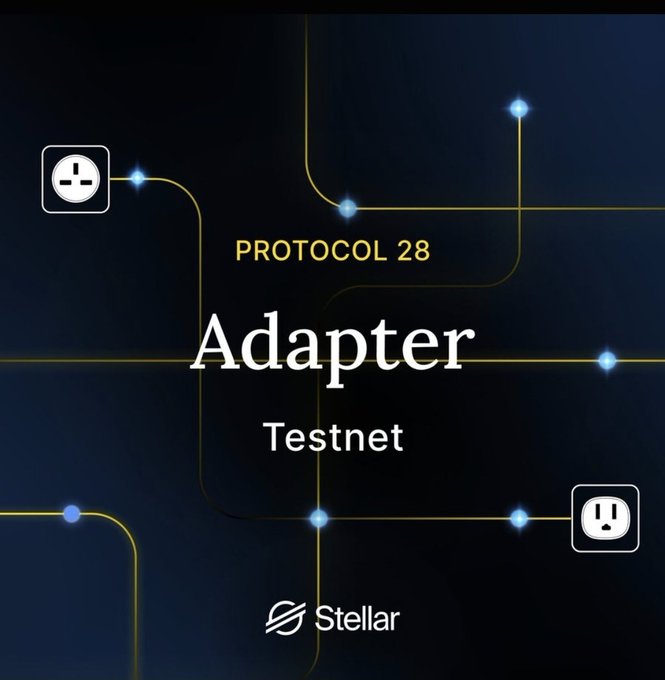 This image promotes Stellar Protocol 28, codenamed "Adapter," highlighting its testnet release with a design symbolizing connectivity and adaptation. The visual theme of plugs and connections relates to the upgrade's function of adapting and connecting systems for easier smart contract development and faster network consensus.