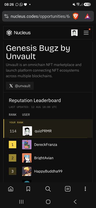 A screenshot of a Nucleus page showing the "Genesis Bugz by Unvault" opportunity with a reputation leaderboard where the user "quizPRMR" is ranked 114, behind top users DerekFranza (1), BrightAvian (2), and HappyBuddha99 (3), supporting the claim about participating in the Unvault mint through Nucleus.