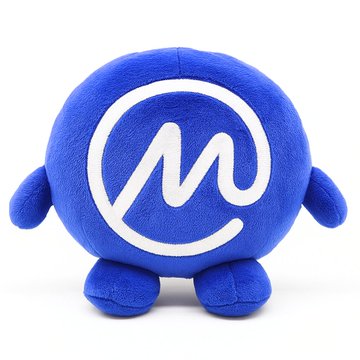 A blue plush toy shaped like a round character with a white stylized "M" logo on its front. The toy's bright blue color complements the "Light or Dark mode?" post, suggesting a preference for the light mode option.