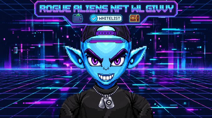 The image features a blue-skinned, sharp-toothed alien character with pointed ears wearing a backward cap and black shirt, set against a vibrant purple and blue neon cyberpunk grid background. At the top, bold text reads "ROGUE ALIENS NFT WL GIVVY" alongside a "WHITELIST" badge, visually promoting the giveaway mentioned in the post to celebrate WoLSTR's migration to the Rogue Aliens project.