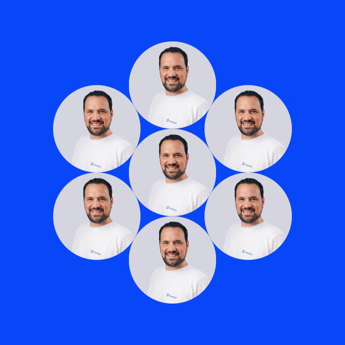 The image features a blue background with seven circles of varying sizes, all containing the same man's face. These faces are identical, making for an interesting visual effect that could be used as part of a social media post or other digital content creation project. The caption provided in the image suggests that this unique arrangement is intended to create a custom avatar image chain, where users can easily share their avatars with others by simply adding more circles containing their own faces.