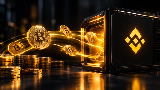 Gold Bitcoin coins flow with glowing trails from a black hardware wallet displaying the Binance logo against a dark background.