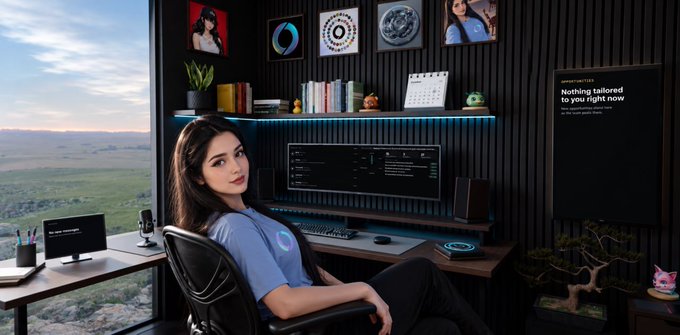 A young woman sits in a chair at a modern dark-themed desk setup with dual monitors, coding on screen, with a scenic landscape view visible through the window.