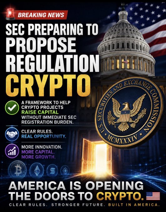 The image is a promotional graphic featuring the U.S. Capitol building and an American flag background, with the headline "SEC PREPARING TO PROPOSE REGULATION CRYPTO" and key points highlighting a framework to help crypto projects raise capital without immediate SEC registration burden. It reinforces the post's message by emphasizing the SEC's seal, cryptocurrency symbols (Bitcoin, Ethereum, Solana), and the tagline "AMERICA IS OPENING THE DOORS TO CRYPTO," framing the proposed regulation as a positive development for the industry.